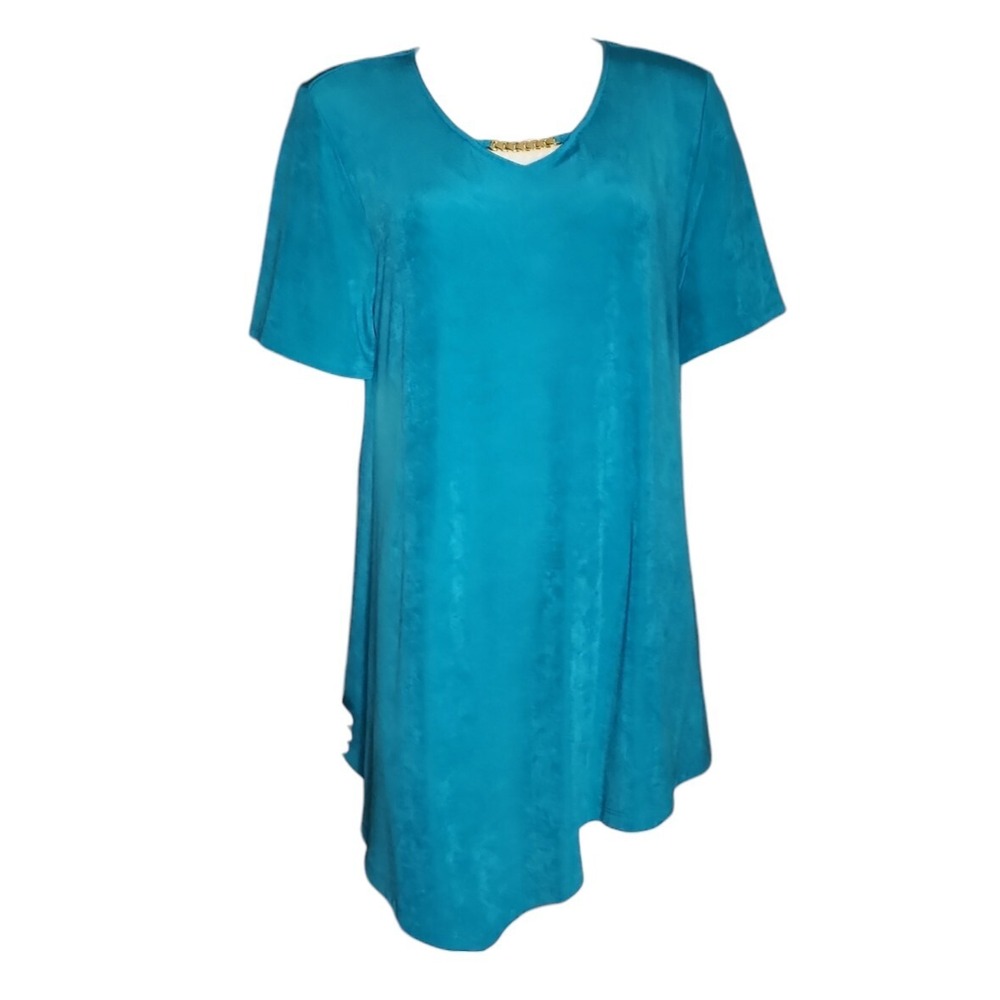 Chicos Travelers Top Size 2 Womens Large Blue Slinky Knit Asymmetric Travel